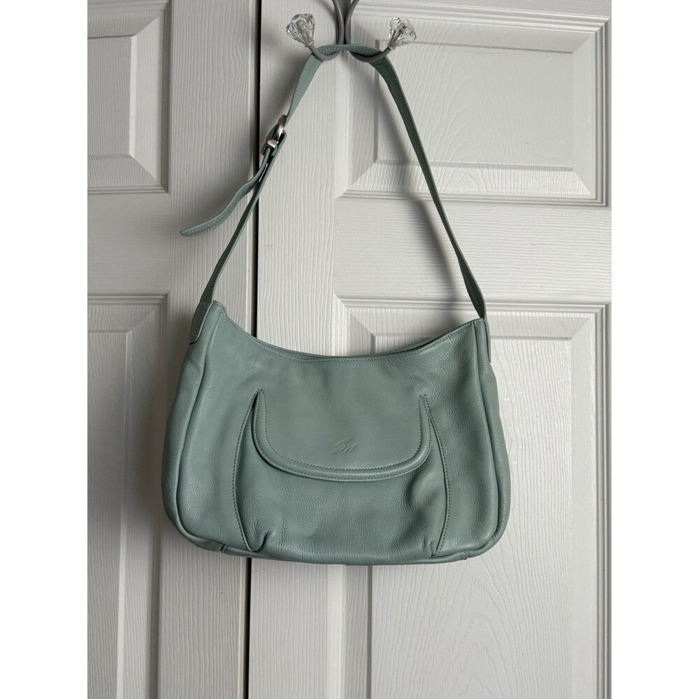 Stone Mountain Blue Pebbled Crescent Shoulder Bag Zip Top Outer Zip Pockets